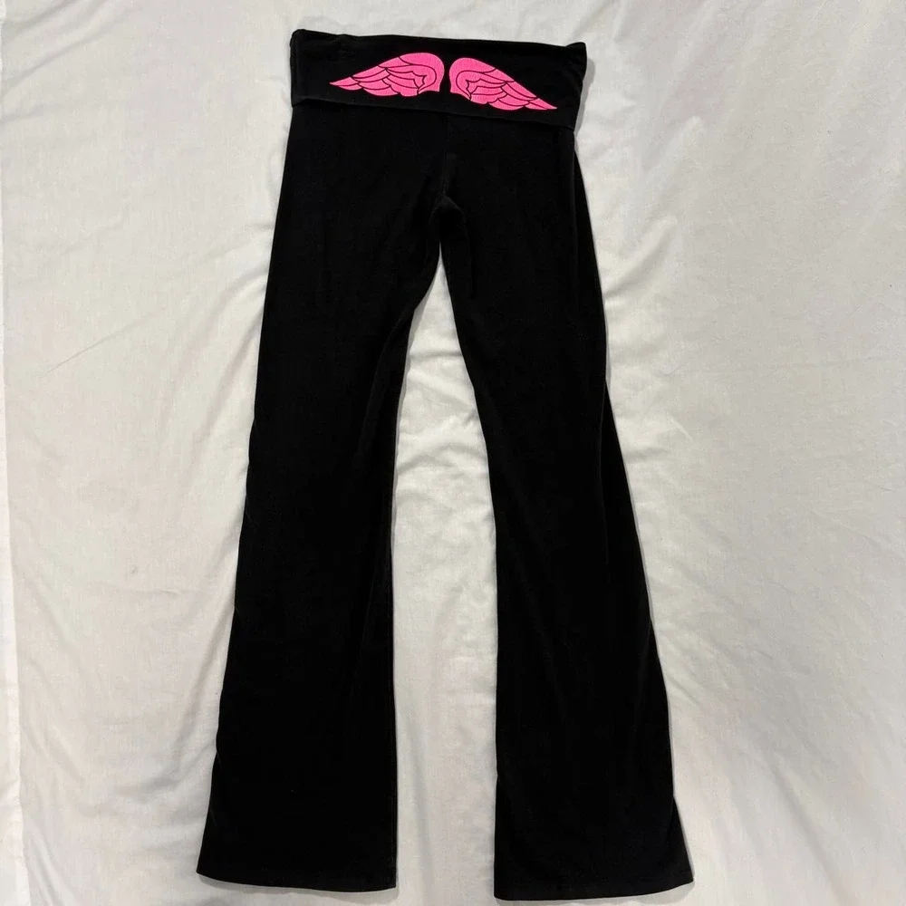 Victoria's Secret black pink angel wing fold over flare yoga pants size M Y2K